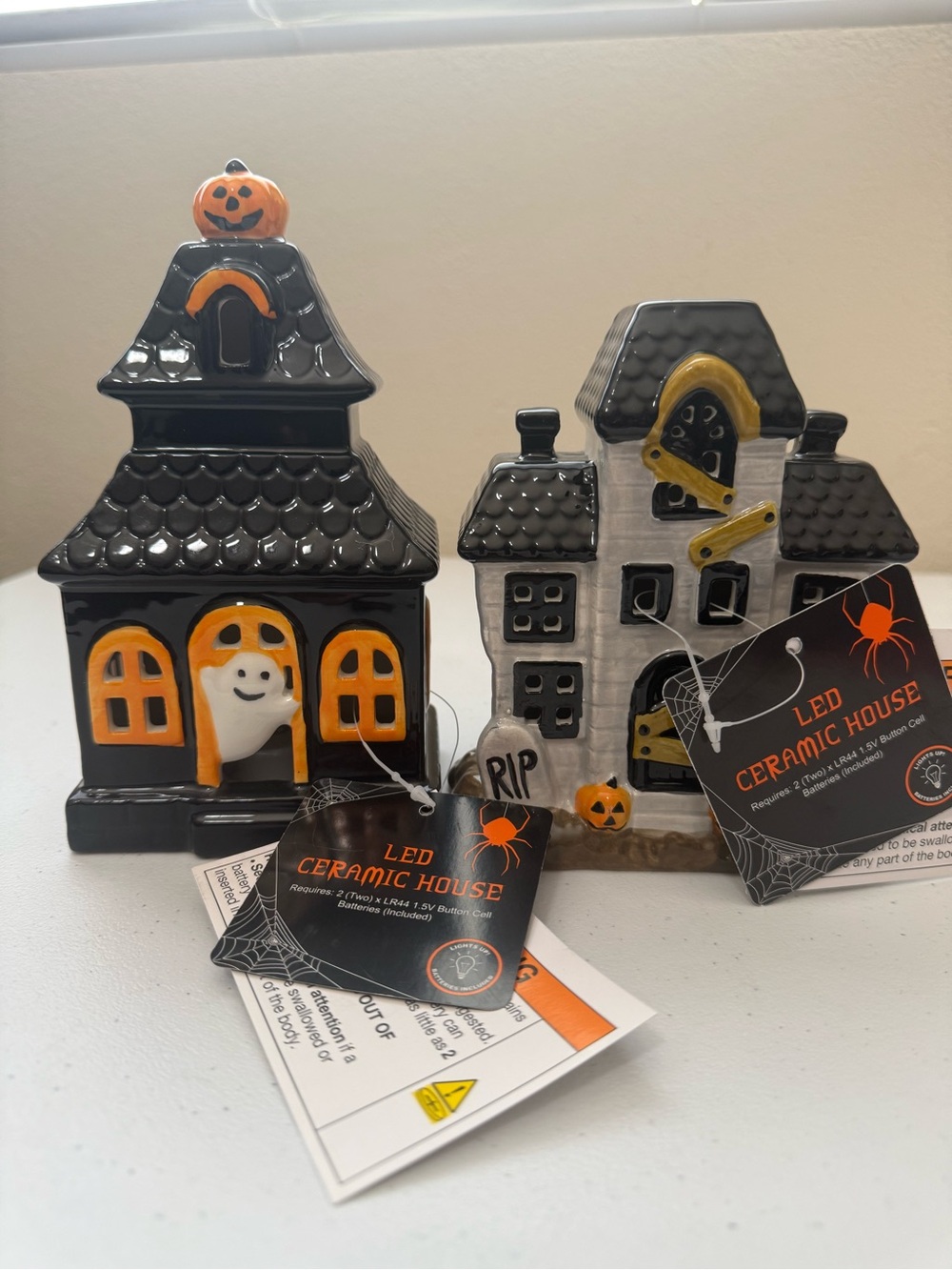 Set of 2 Ceramic Halloween LED Light Haunted Houses